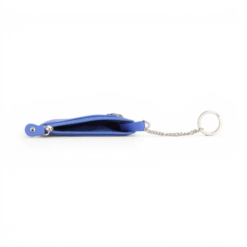 CornBlue pouch with a keychain on a white background