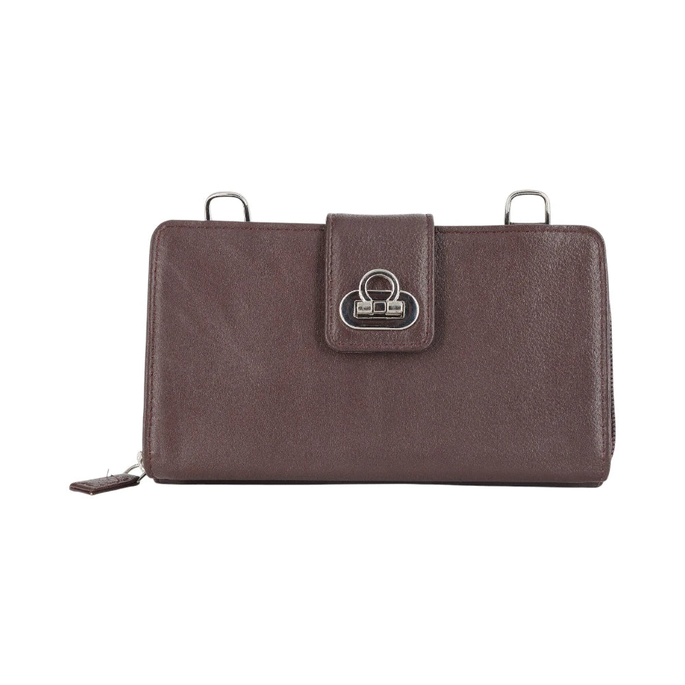 Front view of Brown leather wallet with a silver clasp on a white background