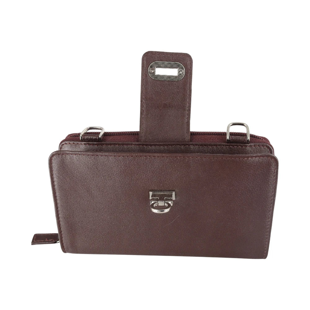 Brown leather bag with a handle on a white background
