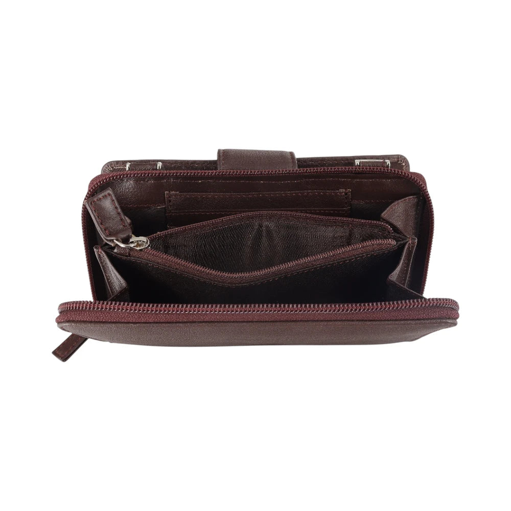 Brown leather purse with multiple compartments on a white background 