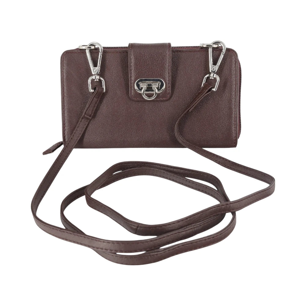 Brown purse with a strap on a white background