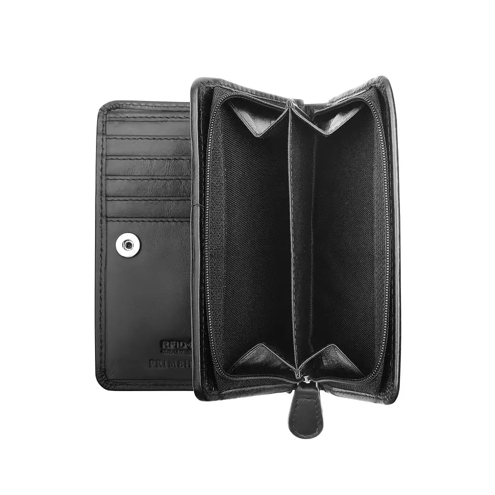 Black leather purse with open design on a white background
