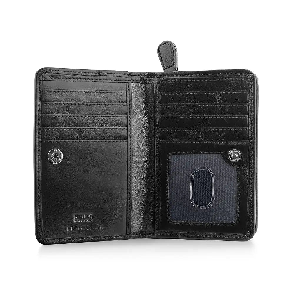 Black leather purse with multiple card slots on a white background