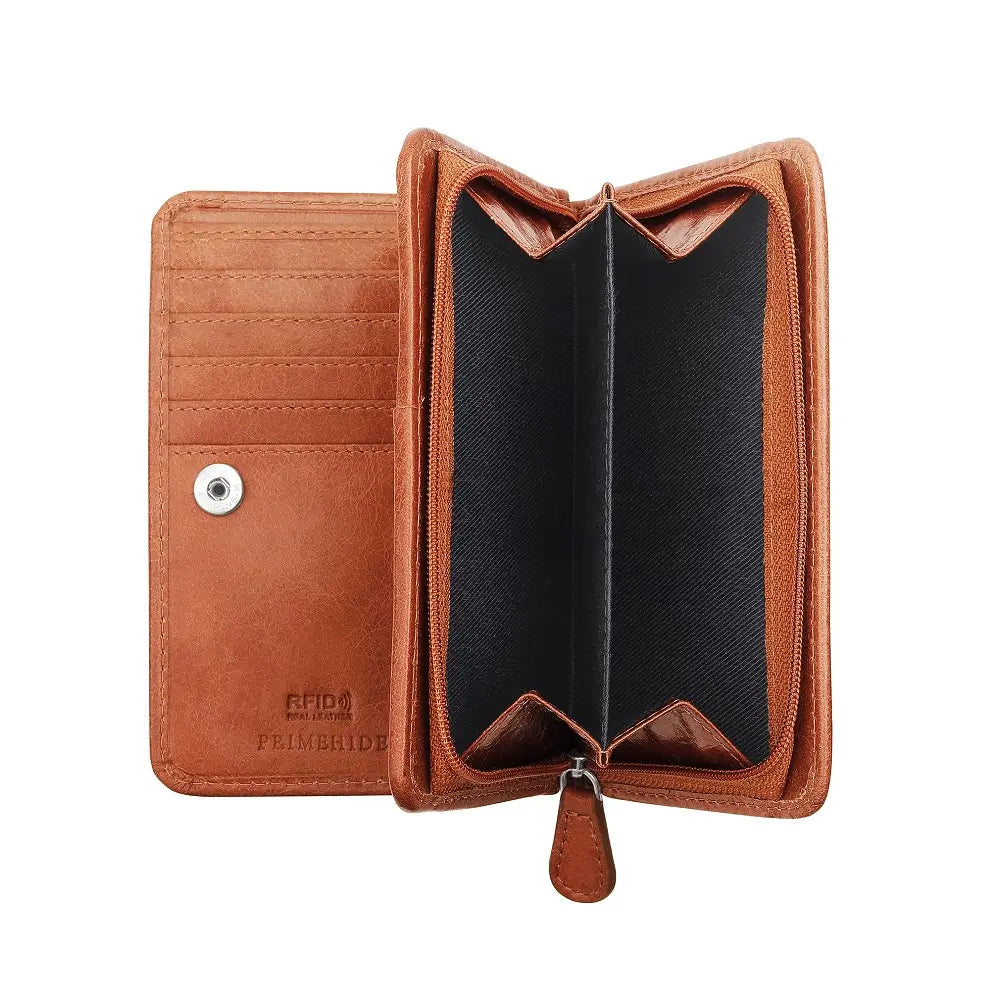 cognac leather purse with a visible brand logo on a white background