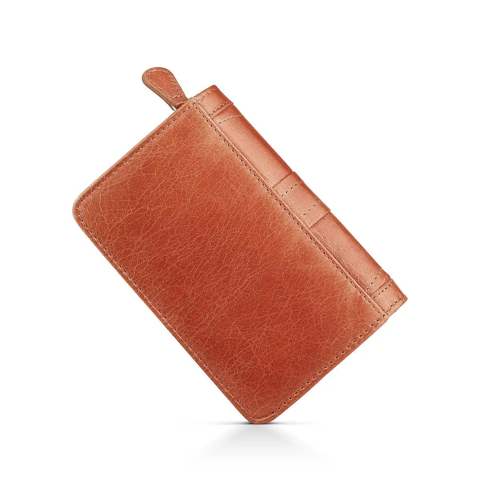 cognac leather purse on a white background