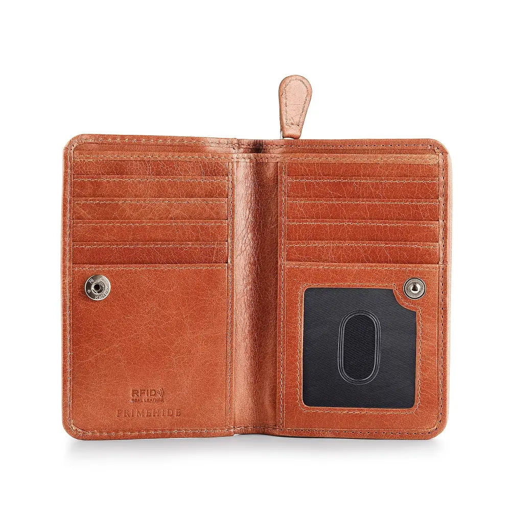 cognac leather purse with card slots and a clear window on a white background