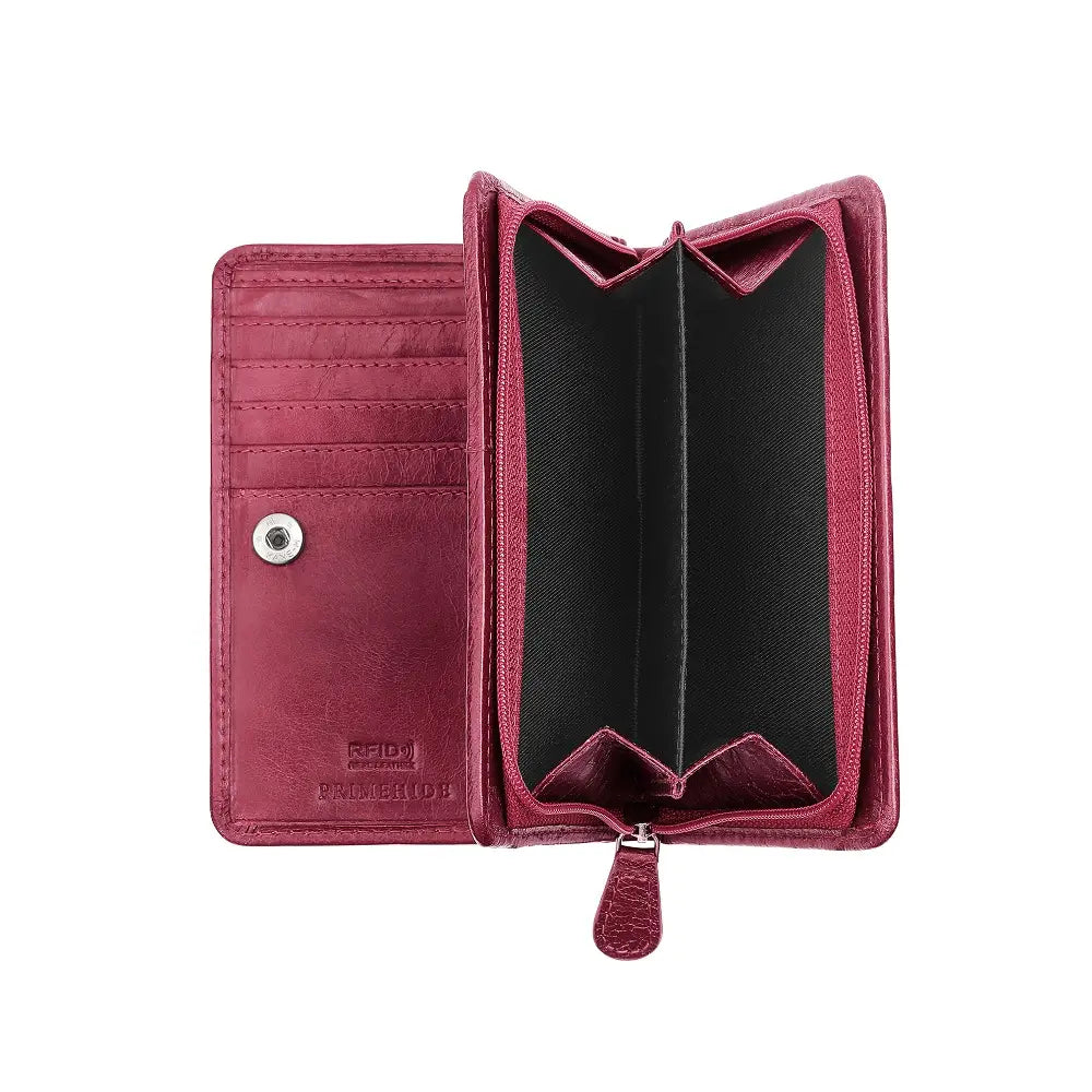 Maroon purse  with a visible brand logo on a white background