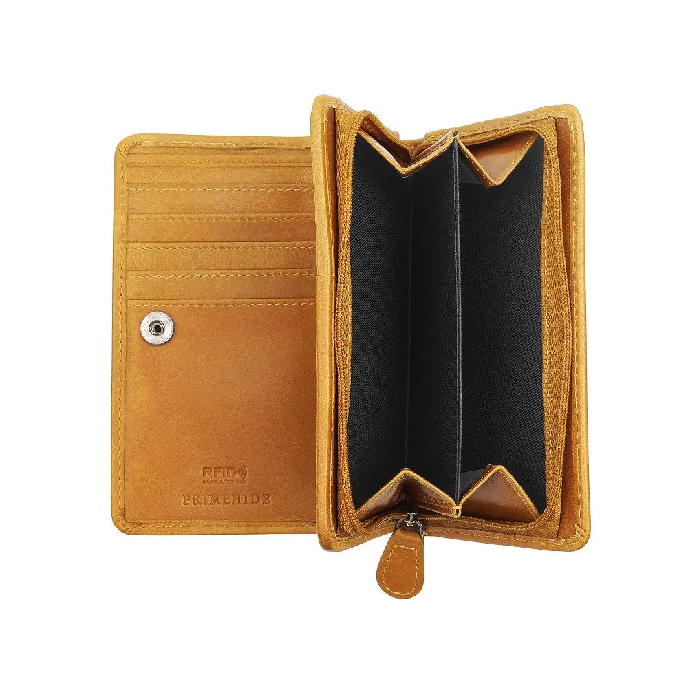 Mustard Purse with a black interior on a white background