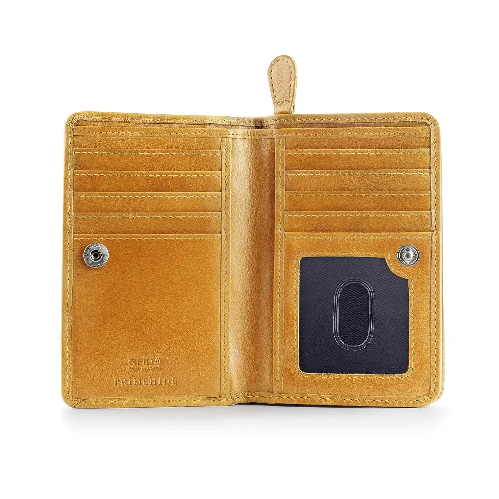 Open Mustard Purse with card slots on a white background