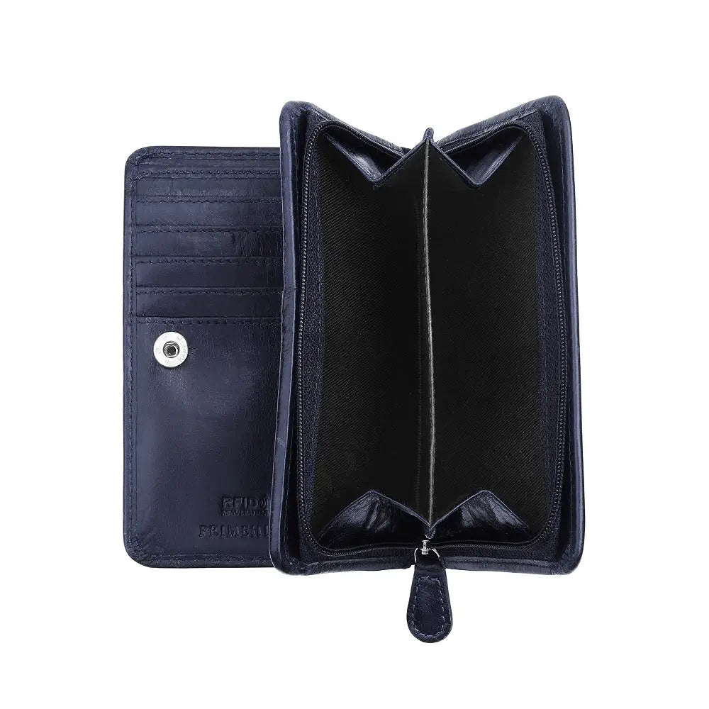 Black leather wallet with open design on a white background