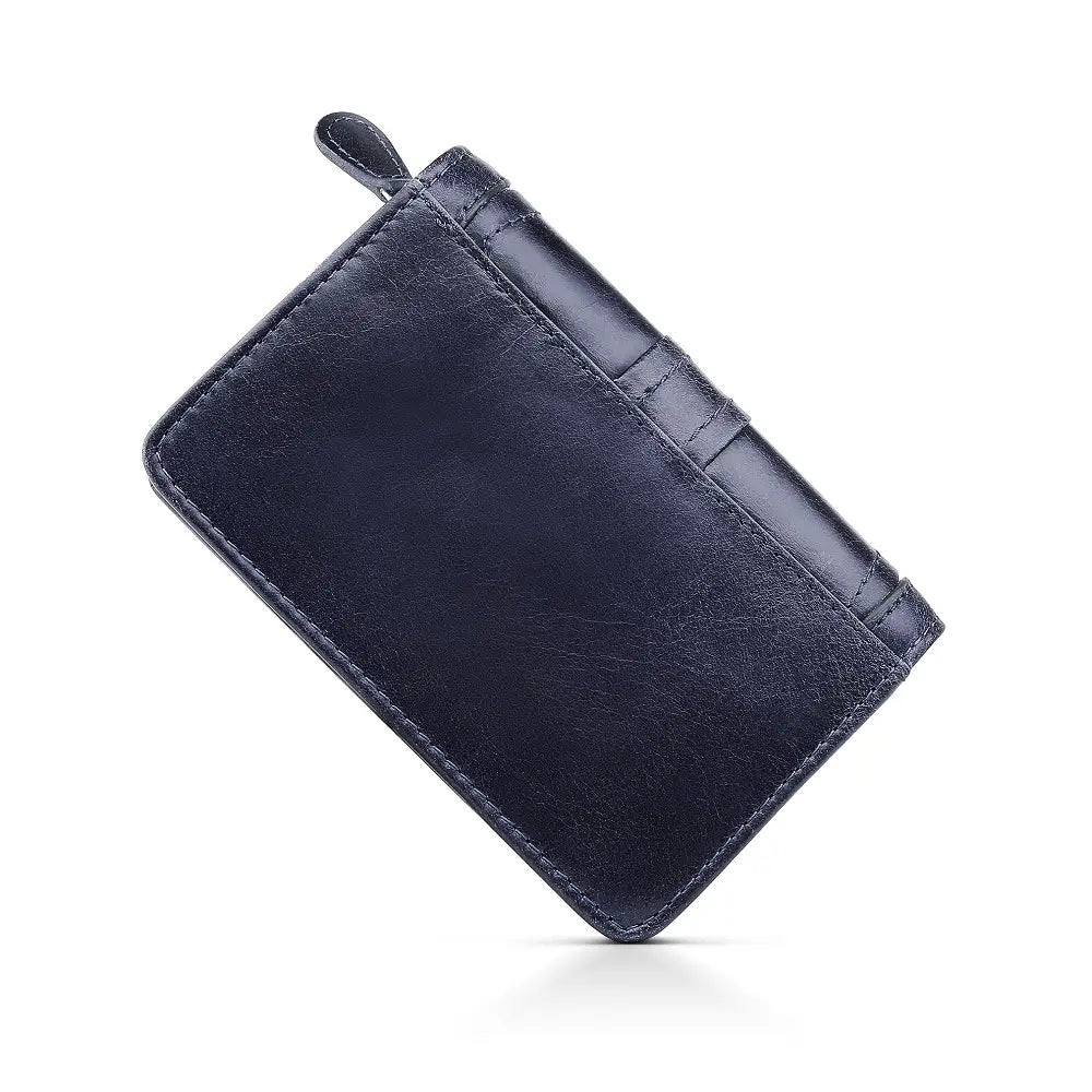 Navy blue leather wallet on a white background
