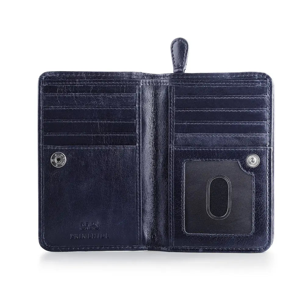 Open navy blue leather wallet with card slots on a white background
