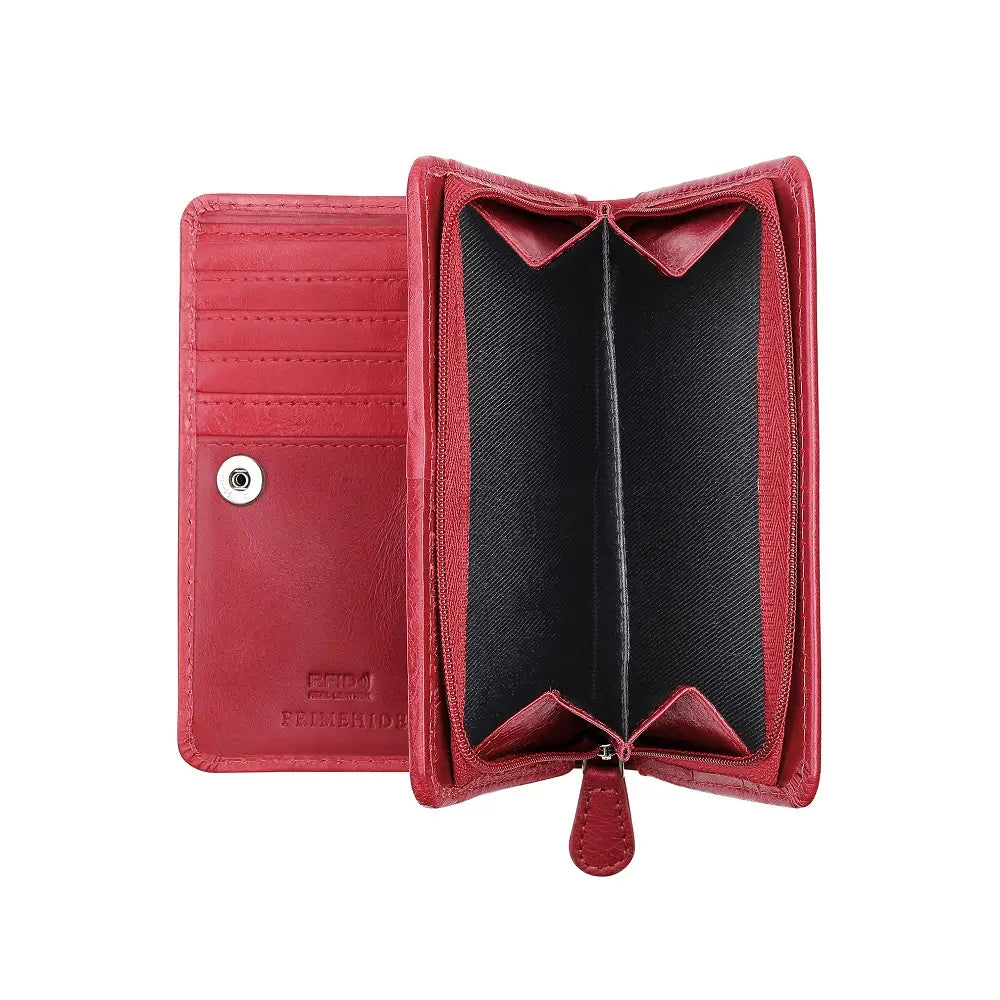 Red leather wallet with a black interior on a white background