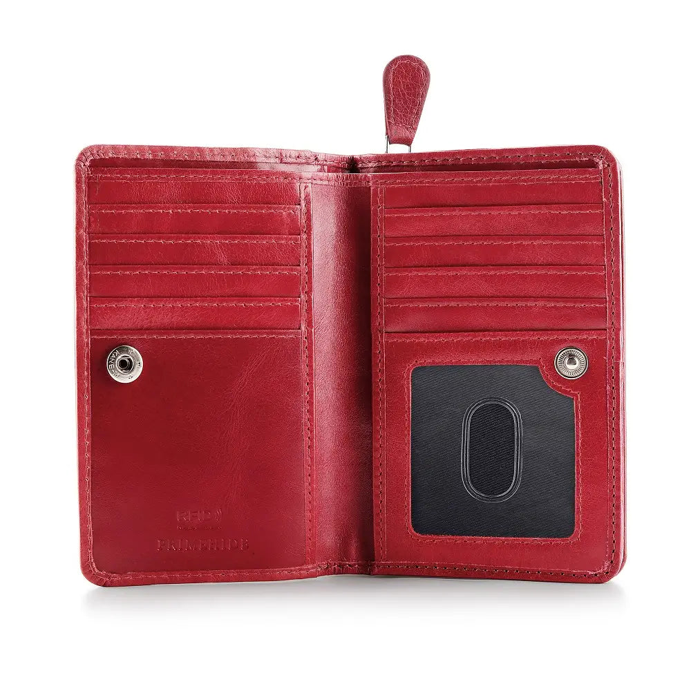 Red leather wallet open on a white background