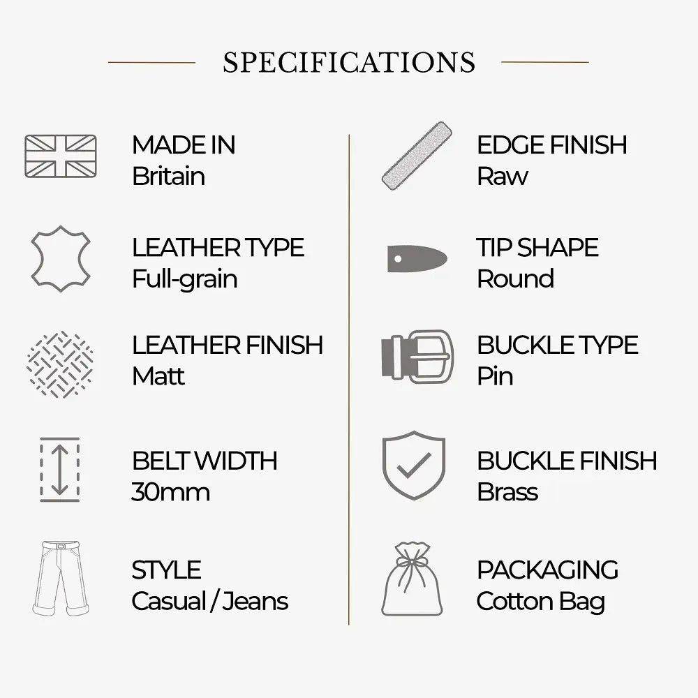 Product specifications for a belt on a white background