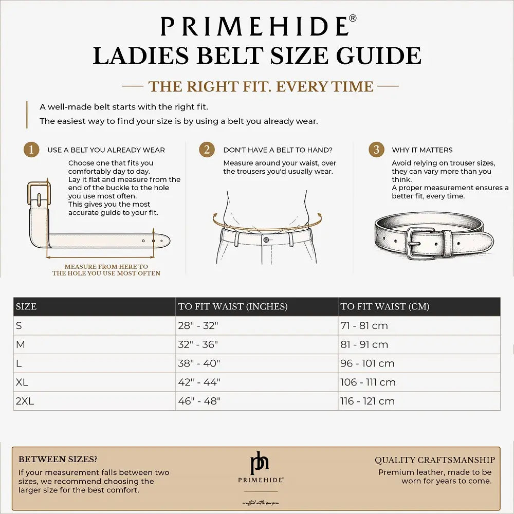 Primehide Ladies Belt Size Guide with measurement instructions and chart