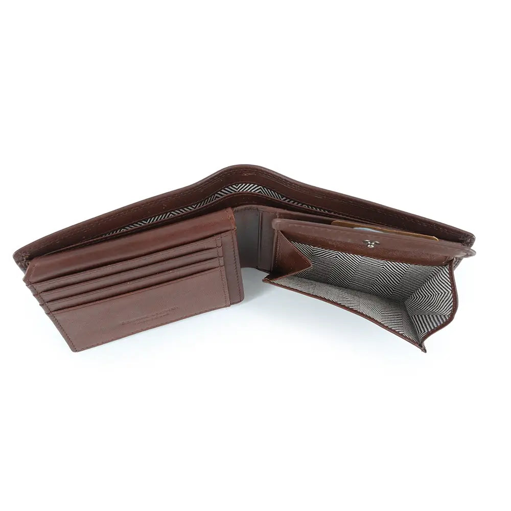 Top angle view of Dark Brown leather wallet on a white background