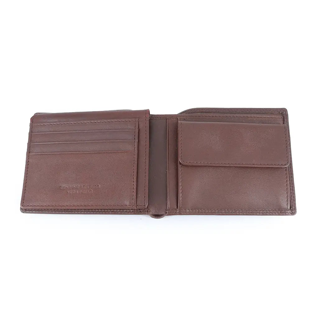 Dark Brown leather wallet open on a white background