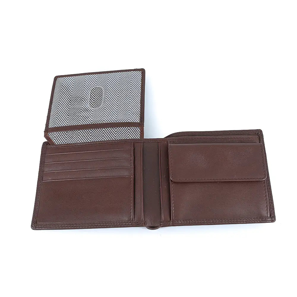 Dark Brown leather wallet with a patterned cardholder on a white background