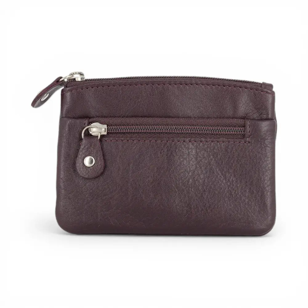 DarkBurgundy leather wallet with a zipper on a white background