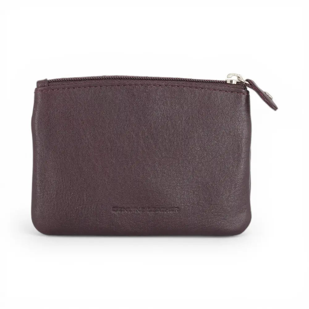 DarkBurgundy leather pouch with a zipper on a white background
