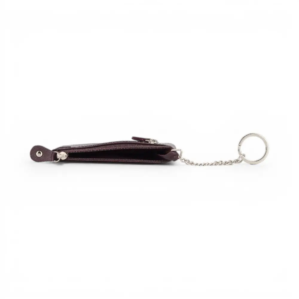 DarkBurgundy leather wallet with keychain on a white background