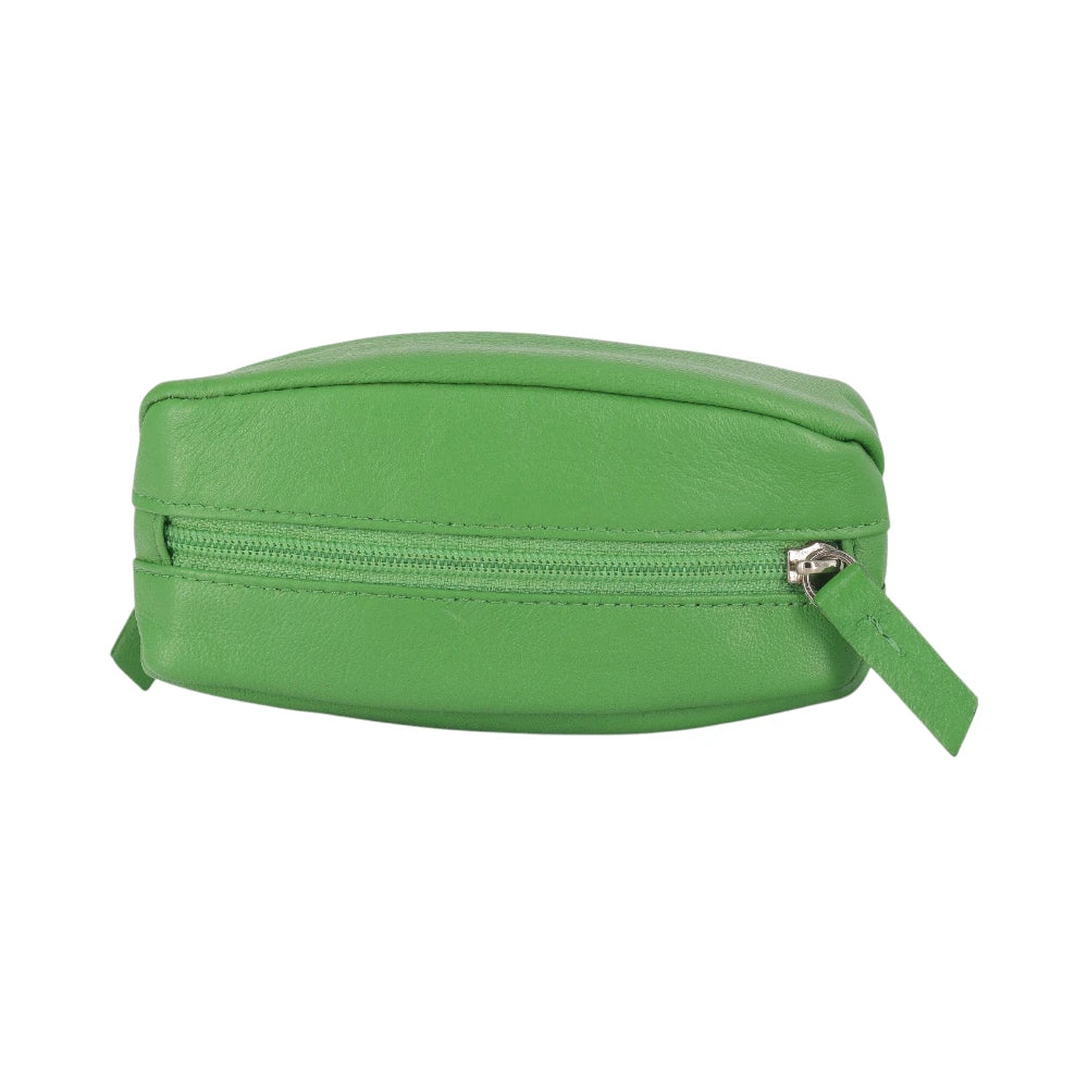 Green zippered pouch on a white background