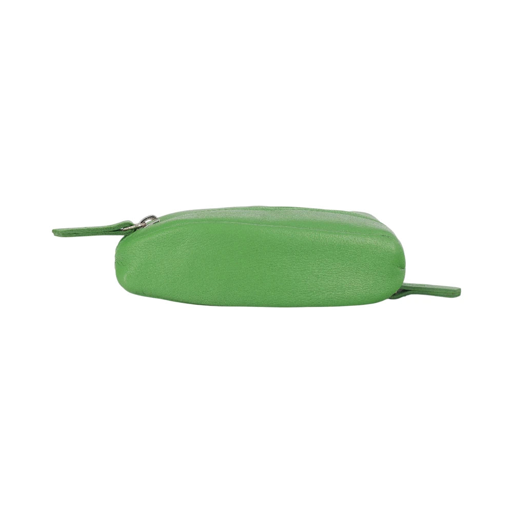 Green oval pouch with a zipper on a white background