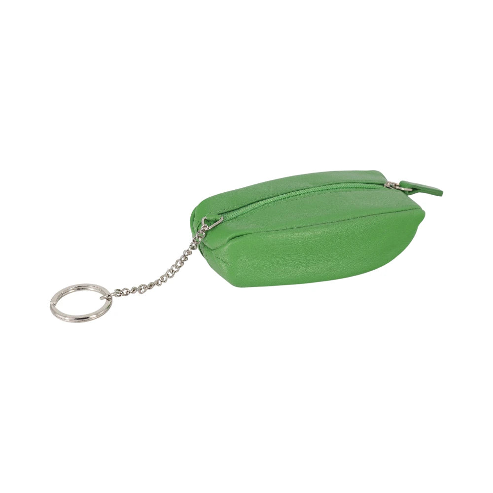 Top view of Green pouch with a chain on a white background