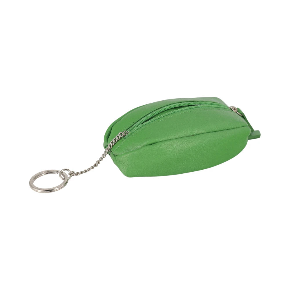 Green leaf-shaped pouch with a chain on a white background