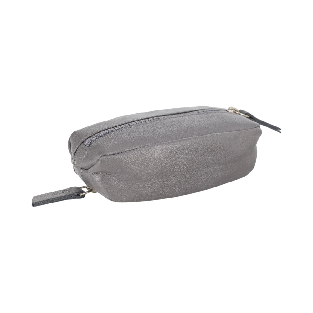 Top view of Slate  leather pouch with zipper on a white background