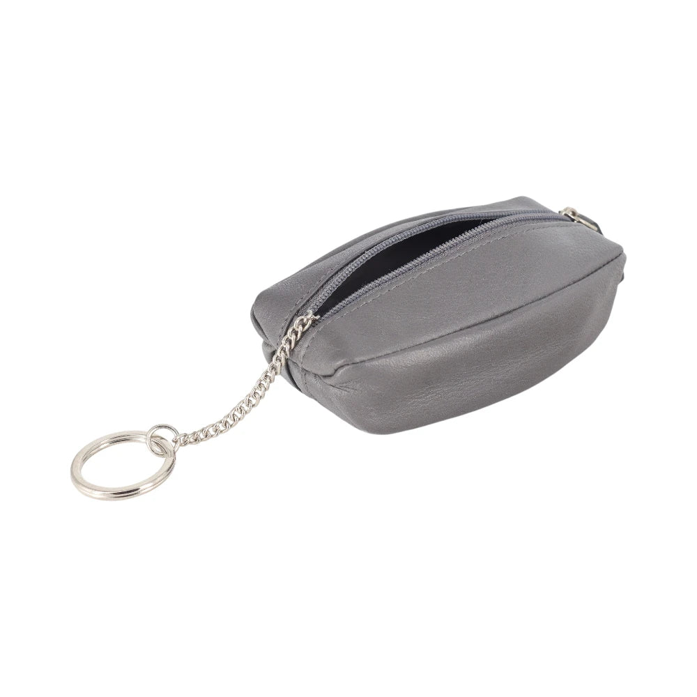 Top view of Slate  pouch with a chain on a white background