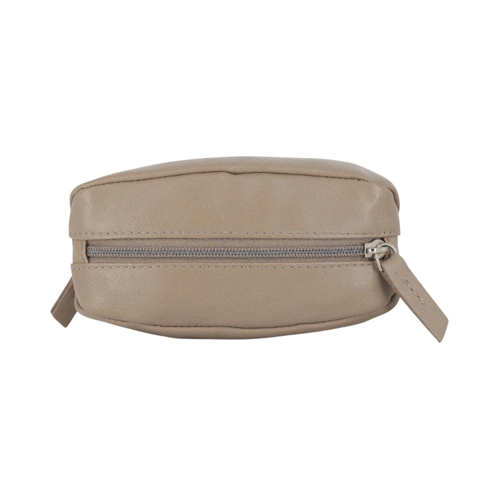 Taupe pouch with a zipper on a white background