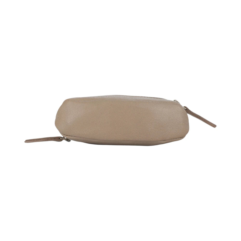 Taupe pouch with a zipper on a white background