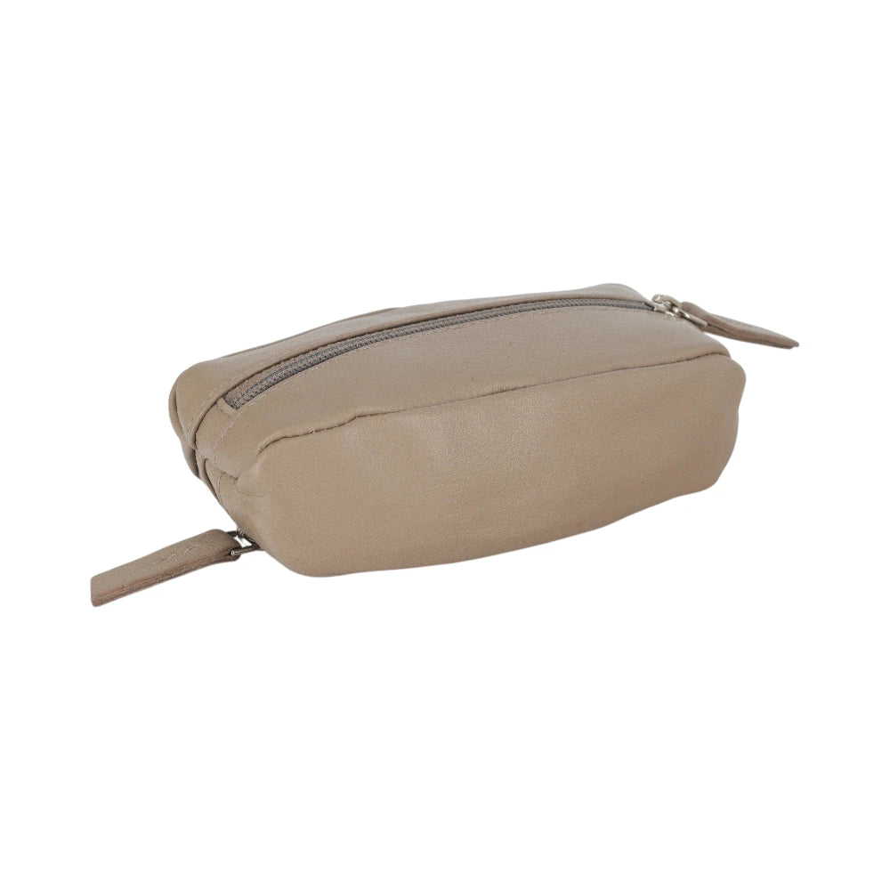 Taupe pouch with a zipper on a white background