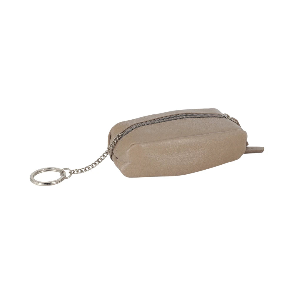 Taupe pouch with a chain on a white background