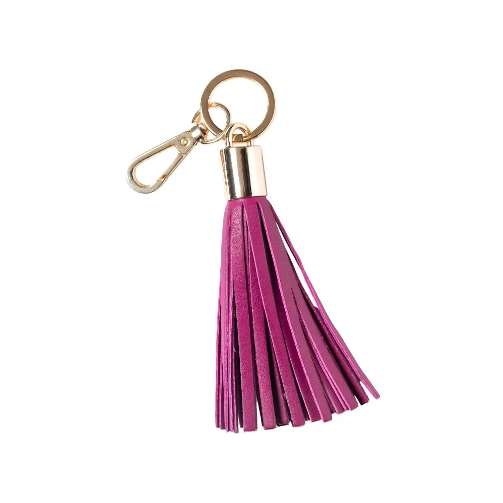 Fuchsia keychain with gold clasp on a white background