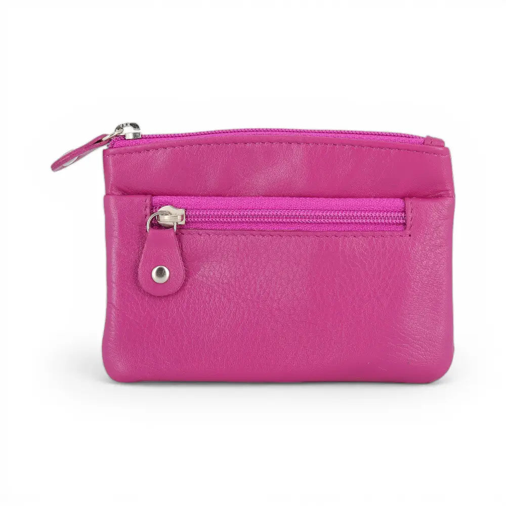 Fuchsia leather wallet with a zipper on a white background
