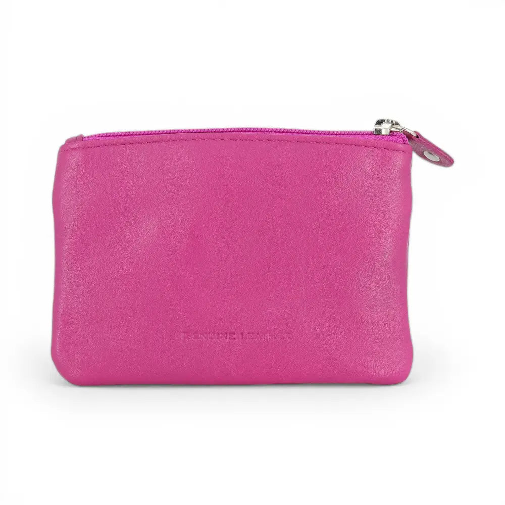 Fuchsia leather pouch with a zipper on a white background