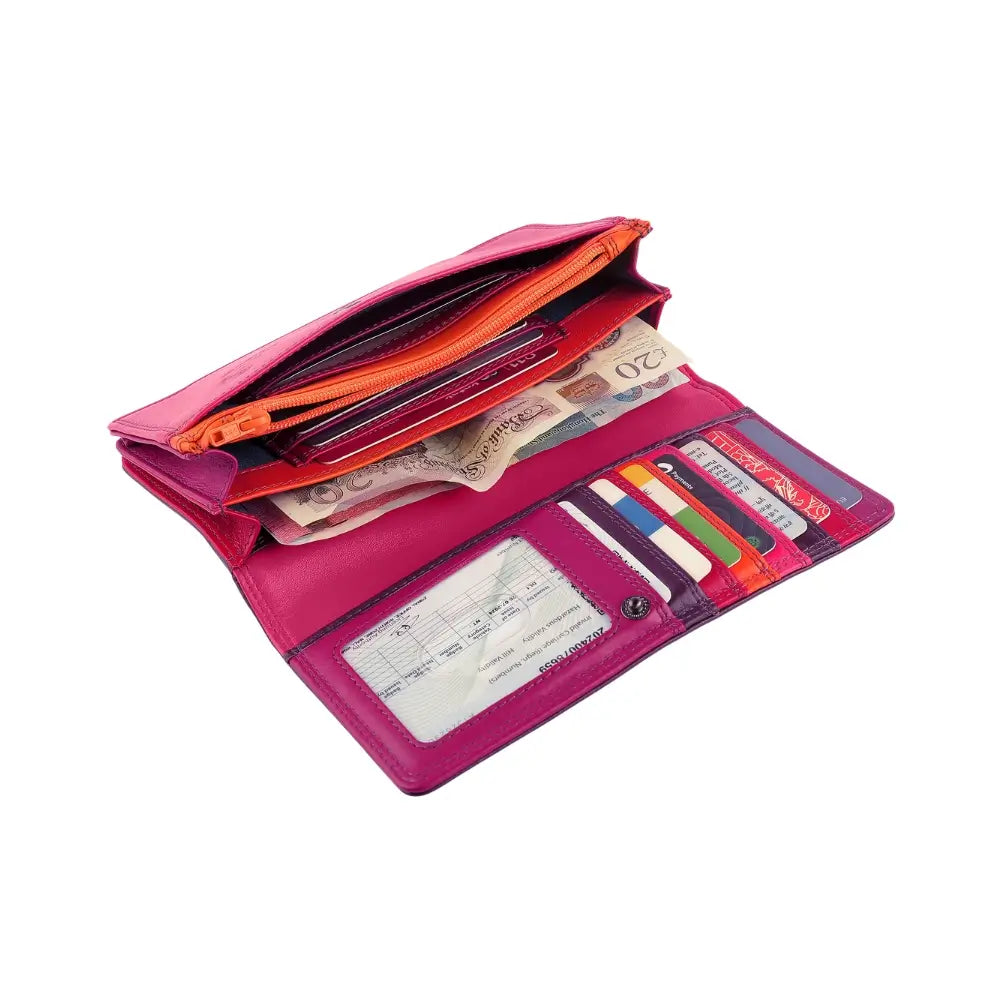 Open view of Grape wallet with red bottom section on a white background