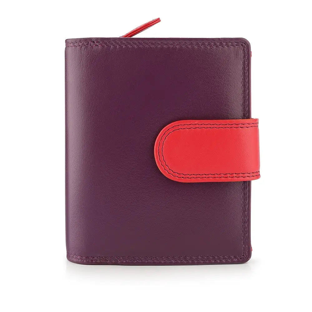 Grape leather wallet with a red strap on a white background