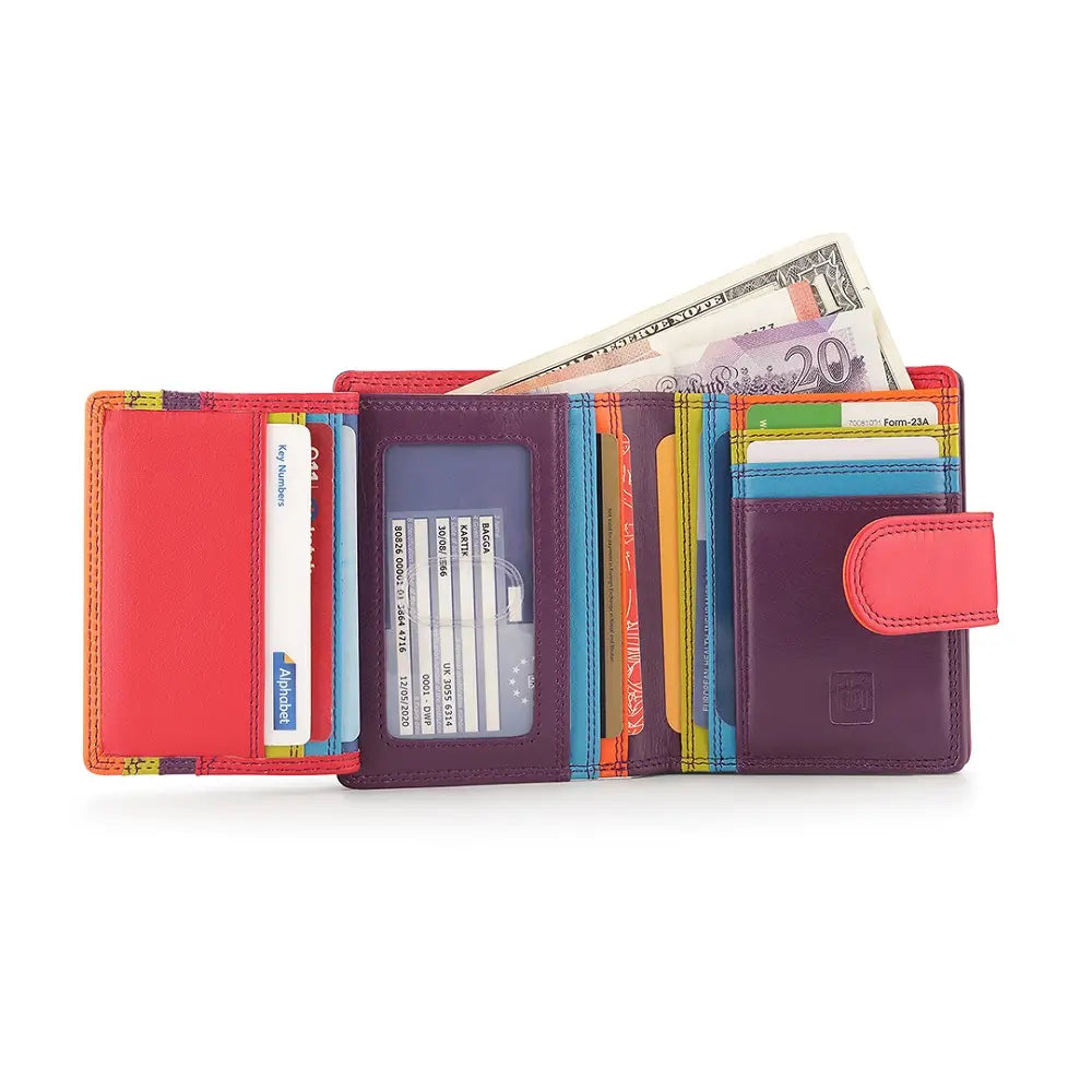Grape wallet with money and cards on a white background