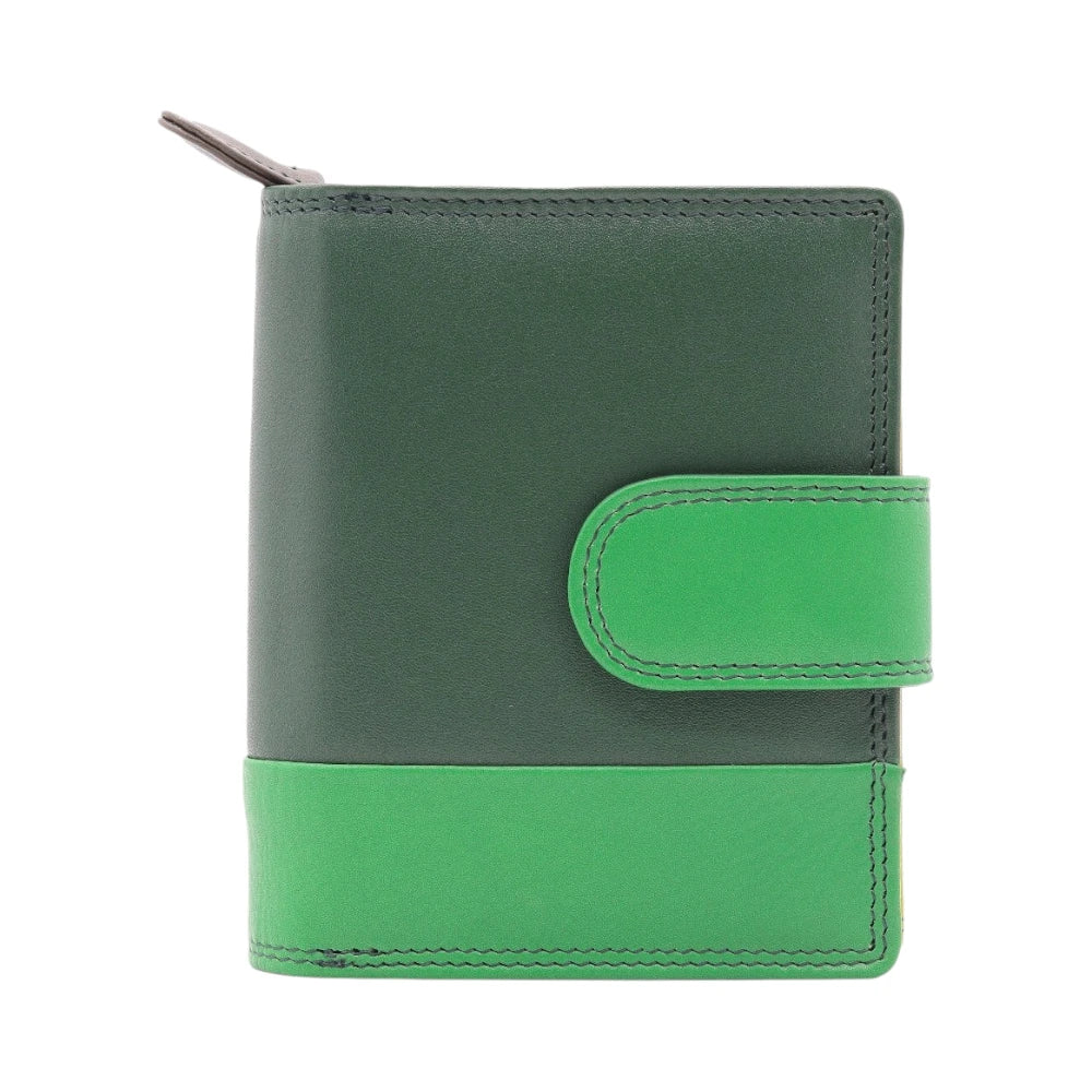 Front view of Green leather purse with a matching strap on a white background
