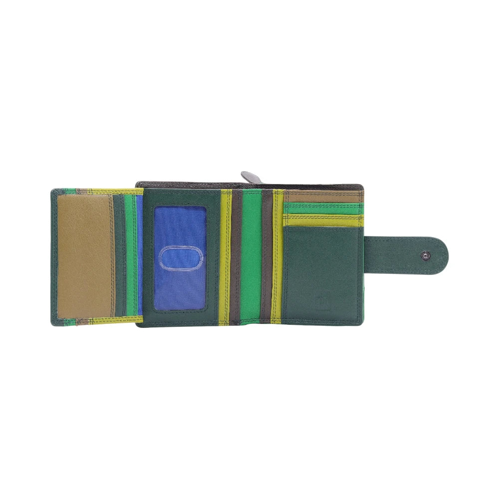 Open view of Green Leather purse on a white background