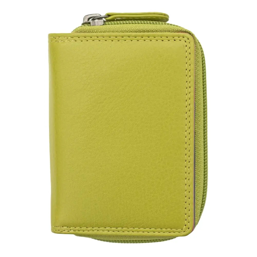 Green leather wallet with a zipper on a white background