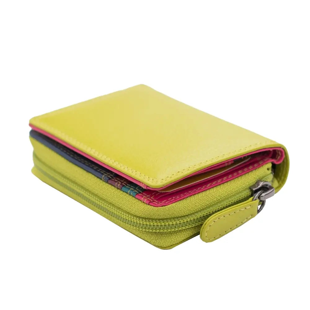 Green wallet with multiple compartments on a white background