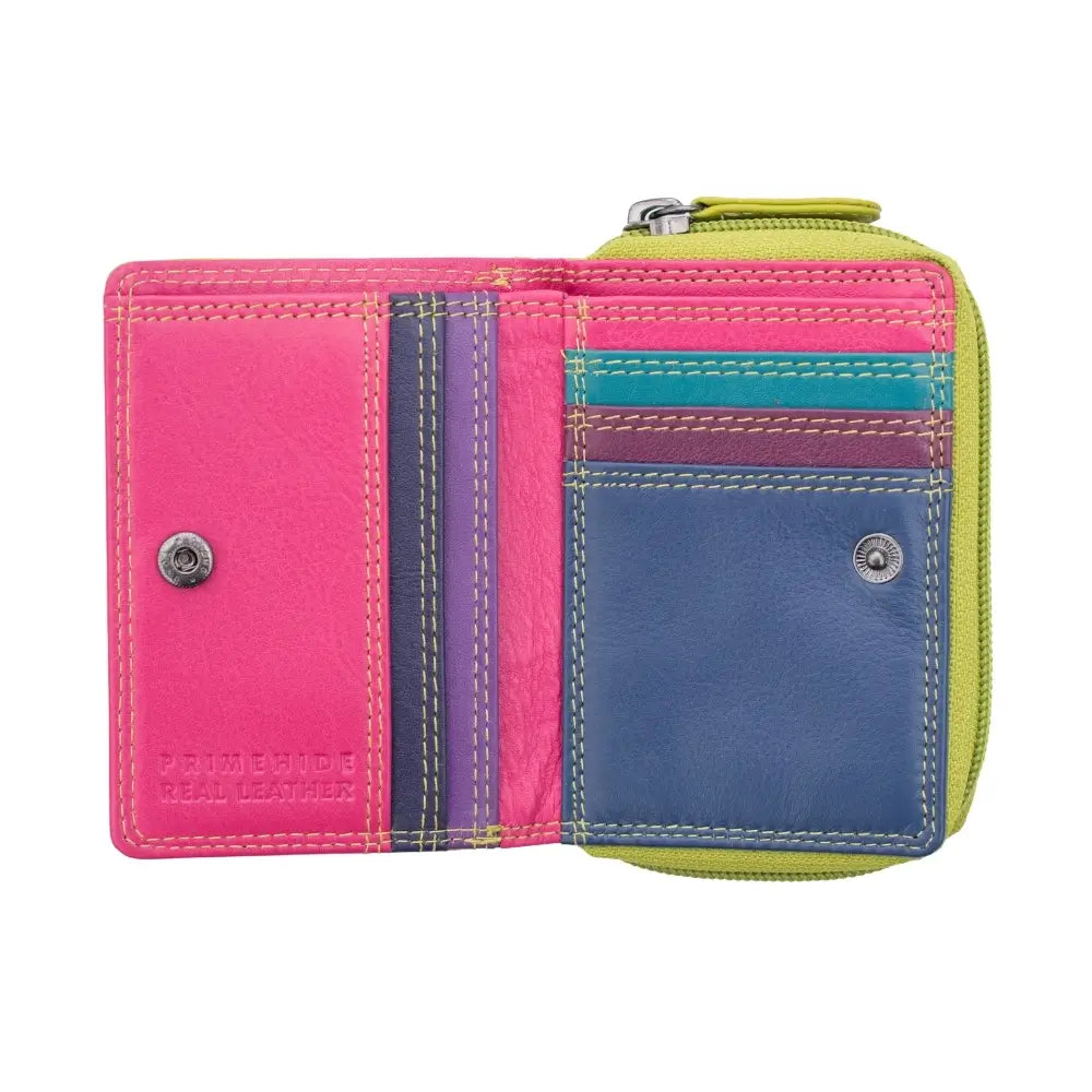 Green wallet with pink, blue, green, and purple sections on a white background