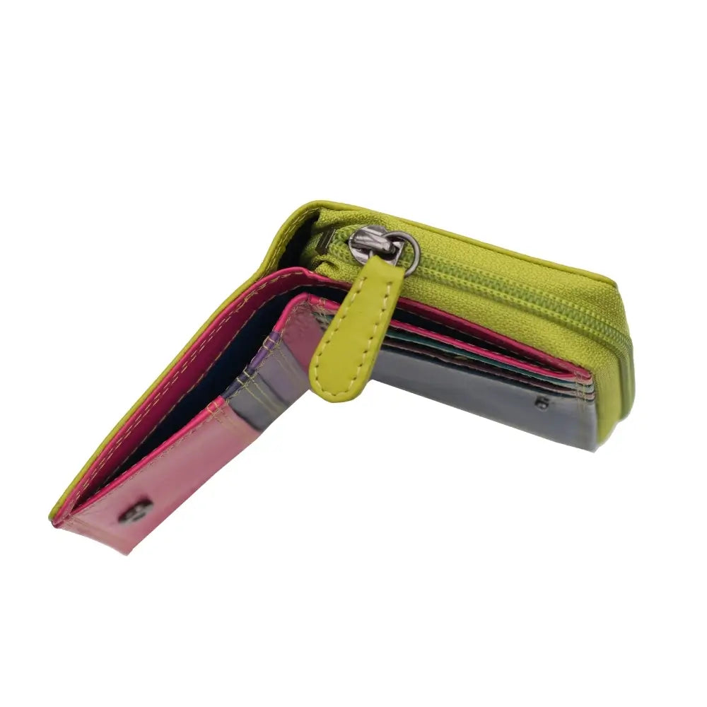 Green wallet with pink interior and green exterior on a white background