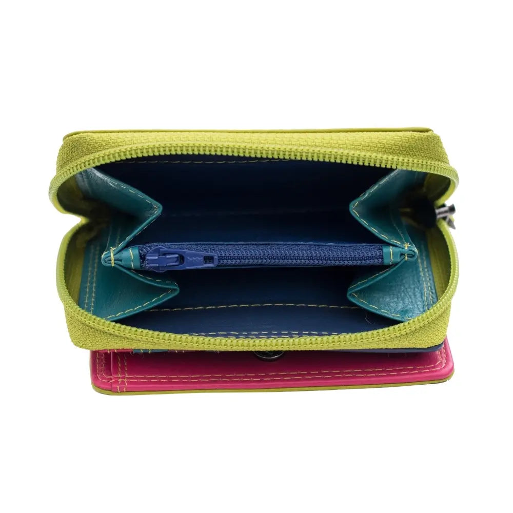Green wallet with a pen inside on a white background