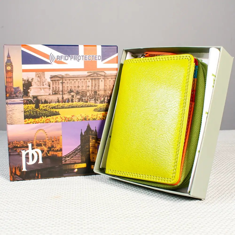 Green wallet with British-themed packaging on a gray surface